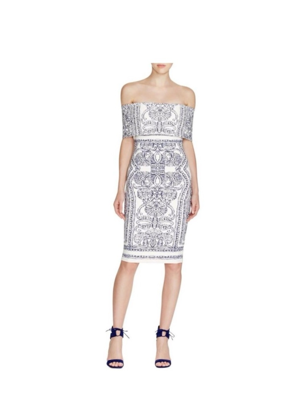 Elliatt Navy and White Strapless Printed Sheath Dress